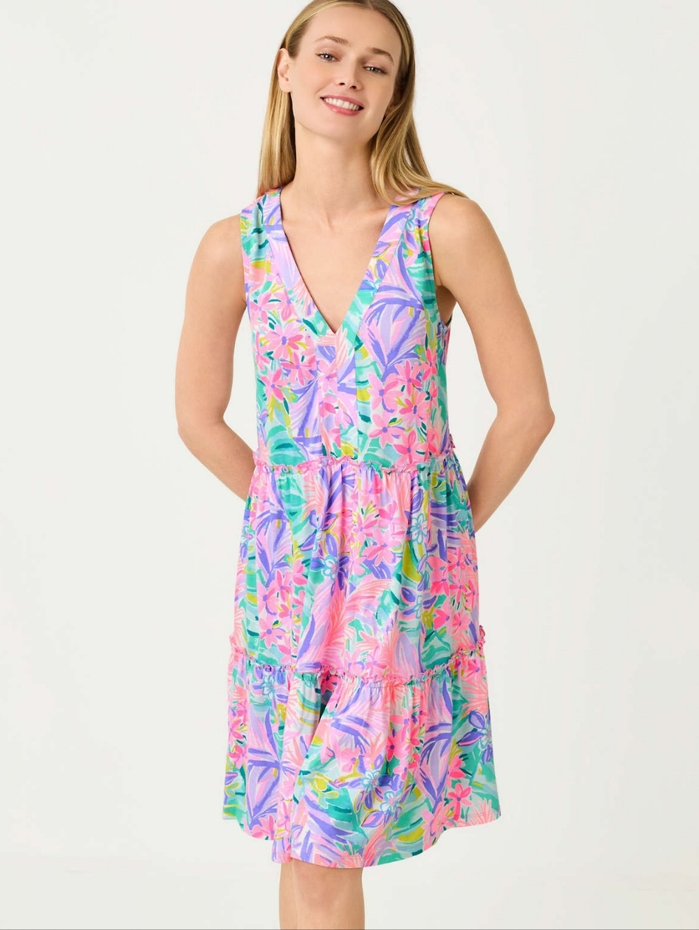 Lilly Pultizers Floral V-Neck Tiered Cover-Up/Dress in Pink & Purple Size L NWTS